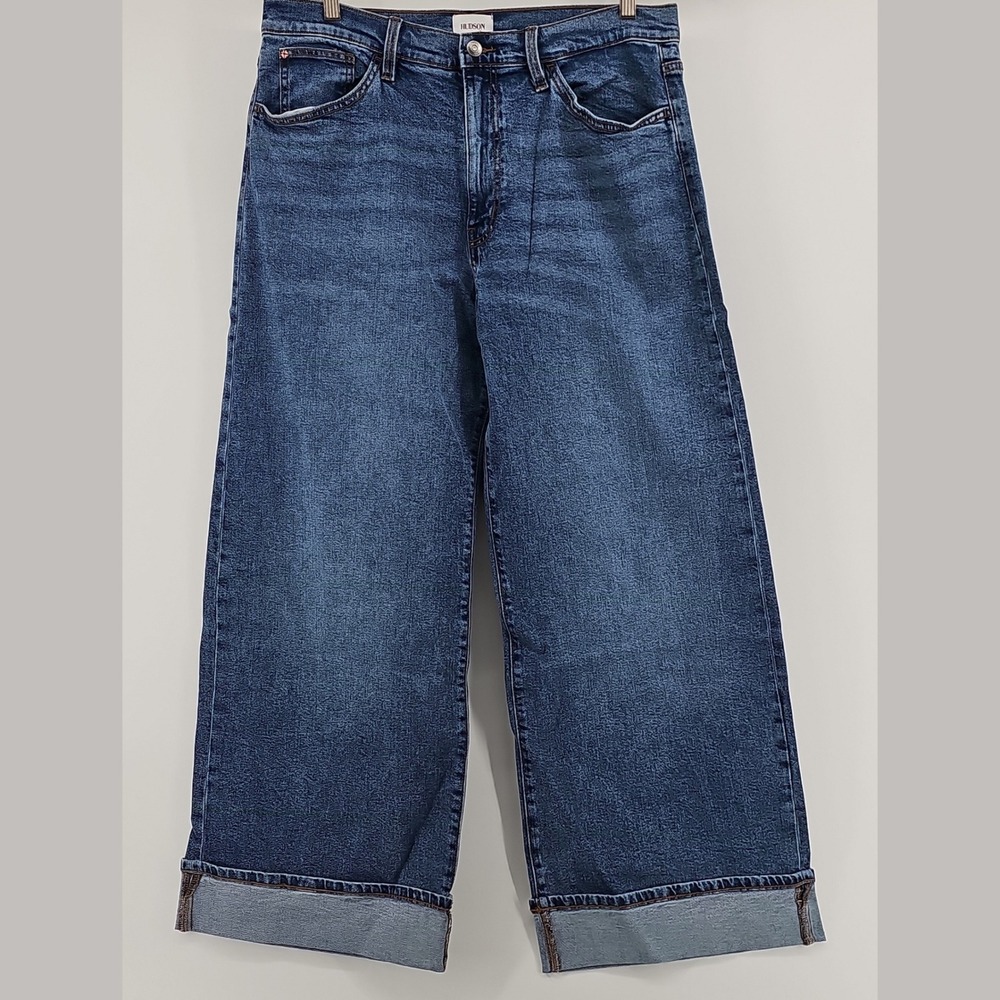 Hudson Womens Jolene High Rise Wide Leg Cuffed Jeans Blue Denim Size 31 NWT